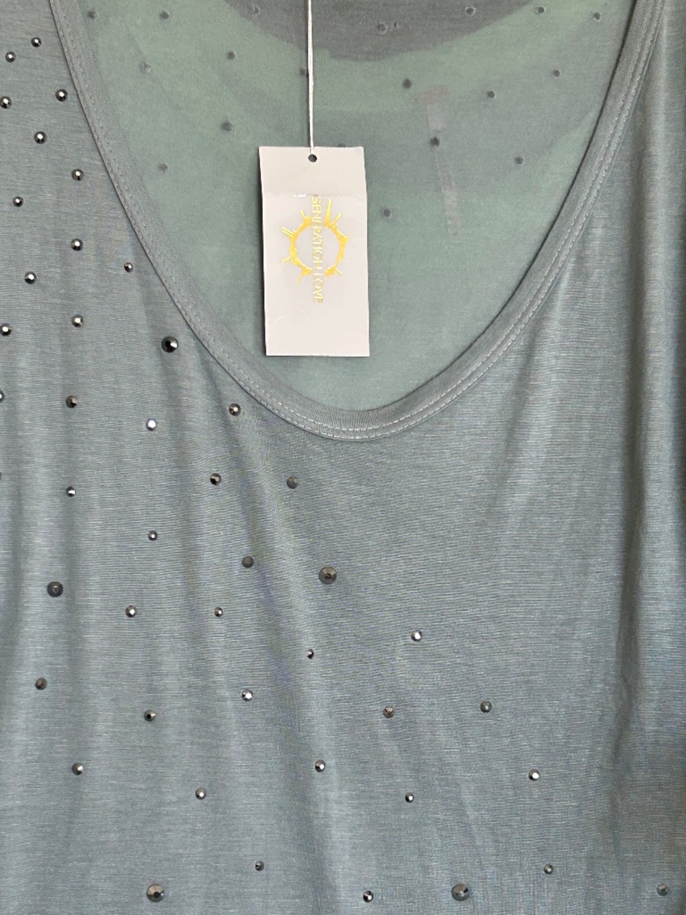 NWT - WOMEN'S SHORT SLEEVE TEE WITH SWAROVSKI CRYSTAL DOTS, COLOR SAGE, L